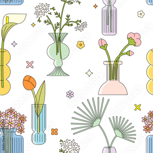 Seamless summer pattern in simple geometric style. Flower arrangements in colourful glass vases background. Textile, wrapping paper design.
