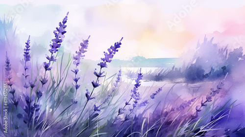 lavender field watercolor delicate drawing. generative ai