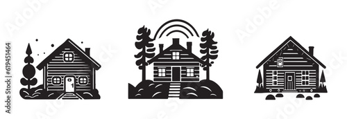 Set of log cabin and alpine fir tree vector illustrations. Masculine outdoor travel in nordic linocut chalet in Scandinavian holiday group