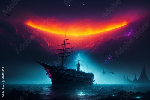 ship in the night at sea with neon colors, abstract 