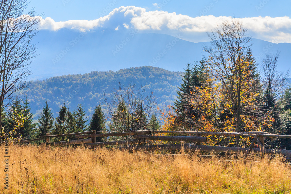 The Babia Góra range seen from the tourist trail from Stryszawa to Jałowiec in Beskid Makowski (Poland) on a sunny autumn day