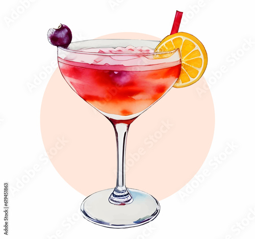 Hand drawn fruit cocktail in glass goblet. Watercolor drawing of tropical drink. Isolated design element for menu, restaurant, greeting card, invitation, holiday. Vector illustration