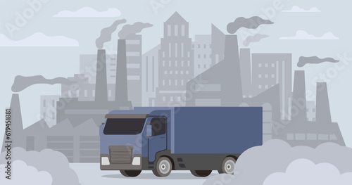 Truck air pollution.Road smog.Industrial carbon dioxide cloud. Polluted air environment at city.Atmospheric pollution.Bad urban environment.Contamination problem.Vector flat illustration.