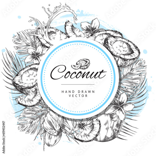 Coconut plant card or label with circle tag or frame vector illustration.