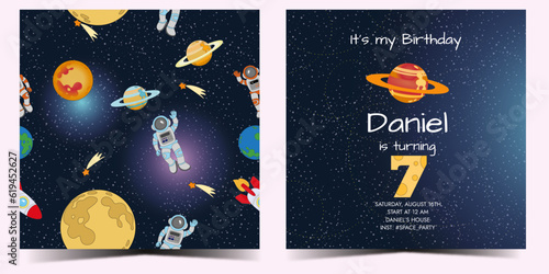 2 in 1. Template children's birthday invitation 7 years in space concept with seamless pattern with planets and astronauts. CMYK format, ready to print