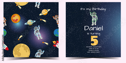 2 in 1. Template children's birthday invitation 5 years in space concept with seamless pattern with planets and astronauts. CMYK format, ready to print