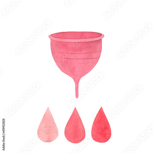 menstruation, menstrual cup, color and intensity of discharge feminine hygiene products, hand drawn watercolor illustration isolated