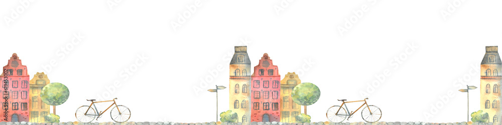 banner with bike and houses, seamless print with bike houses, tree, street hand drawn with watercolors,