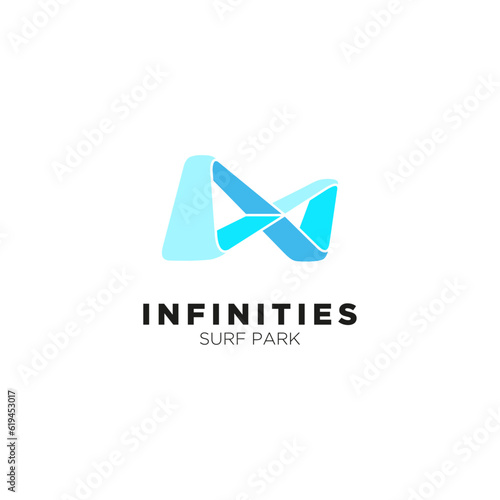 Infinity geometric water logo concept with 3d shape gradient blue color. Surf Park