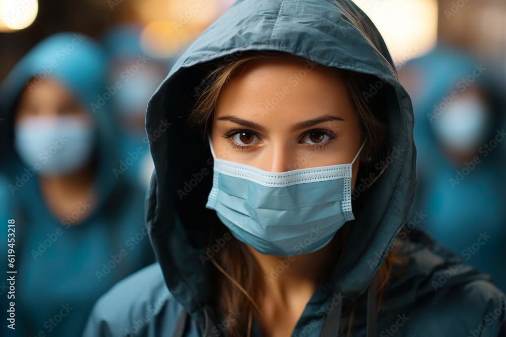 A woman wearing a face mask in front of a group of people. Generative AI. Young migrant woman making clothes, working on sewing factory.