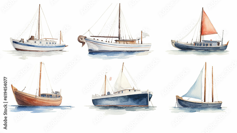 Obraz premium set, a collection of watercolor drawing of a boat with a sail. generative ai