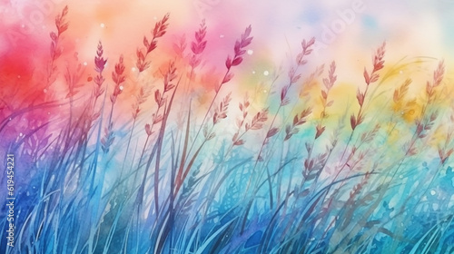 wild grass field watercolor white rainbow multicolored background. generative ai