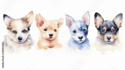 a group of cute watercolor puppies on a white background. generative Ai