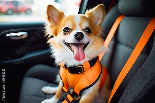 dog in car with safety belt and smile. ai generative photo