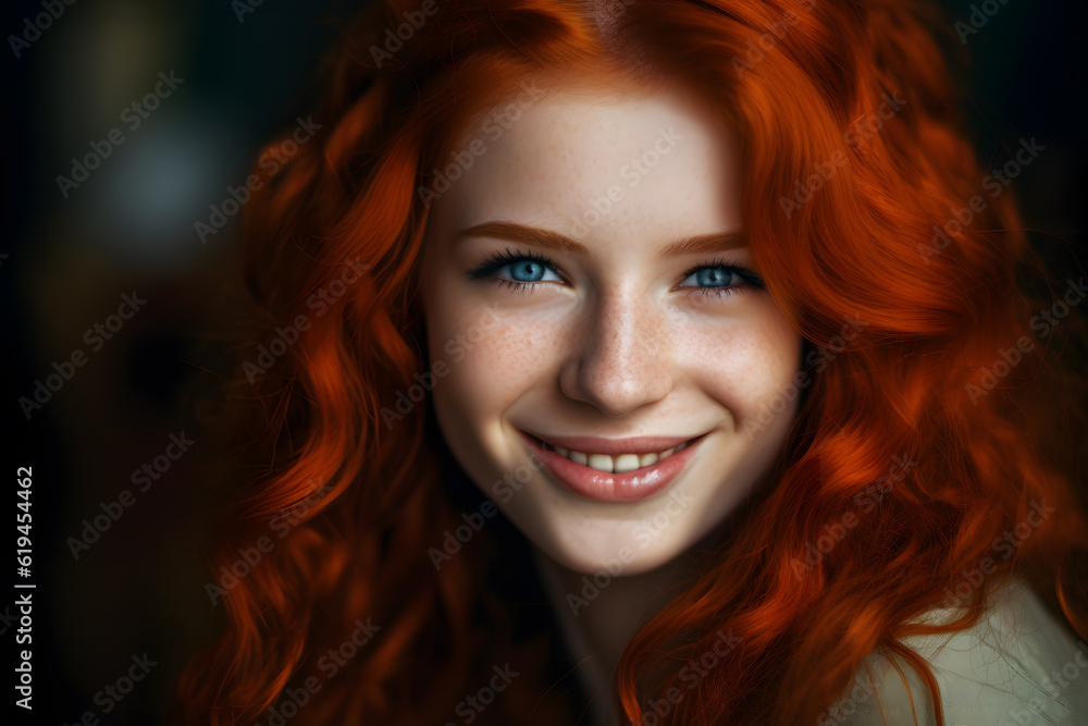 Portrait of redhead girl with blue eyes on nature. Face of young woman with freckles closeup. Portrait of redhead girl with blue eyes on nature. Face of young woman with freckles closeup.