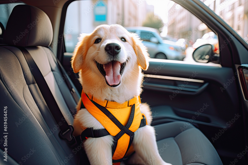 dog in car with safety belt and smile. ai generative