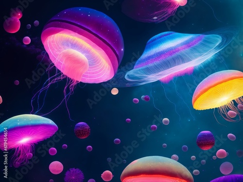 dozens of jellyfish floating in space, colorful nebula