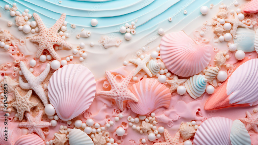 Seashells, starfish and pearls in pastel pink and blue colors with copy space. Photorealistic illustration of Generative AI. Seashells, starfish and pearls in pastel pink and blue colors with copy space. Photorealistic illustration of Generative AI.