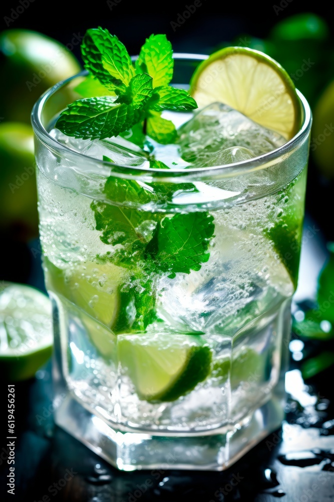 Glass of lemonade or mojito with lemon and mint on a dark background, close-up. Summer refreshing drinks. Generated AI Glass of lemonade or mojito with lemon and mint on a dark background, close-up. Summer refreshing drinks. Generated AI