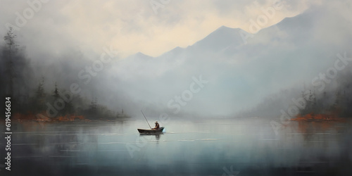 Lone fisherman on a boat at the lake. Minimalistic oil painting. Generative AI illustration.