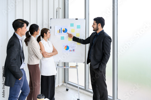 group of Successful business people meeting with presentation graph on flip chart. consulting training persuading employee client groups in the modern office. serious business team in office