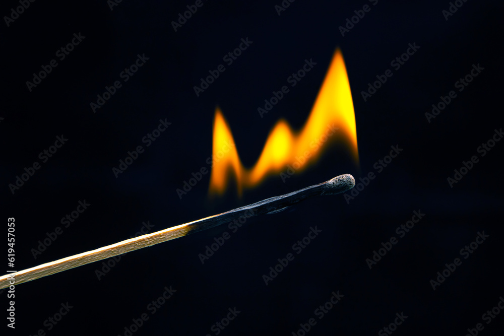 Burning wood match on a dark background close-up. burning tree fire Burning wood match on a dark background close-up. burning tree fire