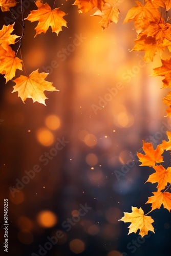 Falling fall maple leaves on autumn background. Seasonal banner with autumn foliage. Copy space. Generative AI.