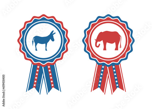 Patriotic Rosettes with elephant and donkey for voting 2024 presidential election. Isolated vector and PNG illustration on transparent background.