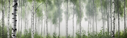 panorama of a green birch forest in the fog  long frame. Generative AI