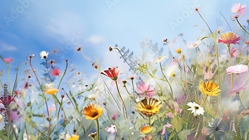 multicolored wildflowers watercolor field drawing summer. generative ai © kichigin19