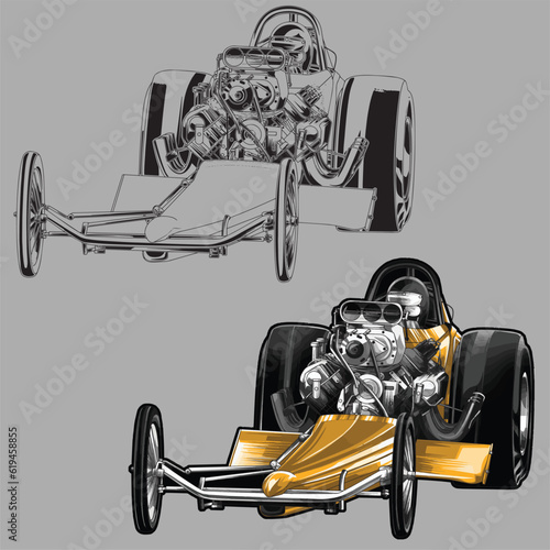 yellow drag race racing car isolated in white background for business elements, screen printing, digital printing,DGT,DFT and poster.