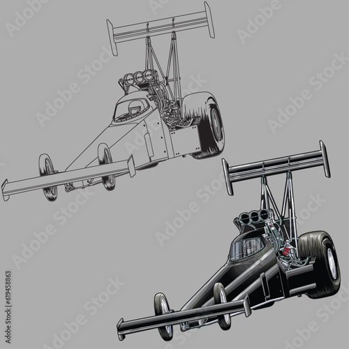 black drag race racing car isolated in white background for business elements, screen printing, digital printing,DGT,DFT and poster.