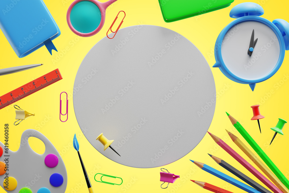 Obraz premium Back to school. Student elements, blank white circle on yellow background. 3d rendering