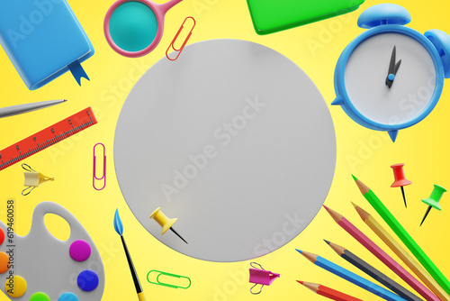 Back to school. Student elements, blank white circle on yellow background. 3d rendering