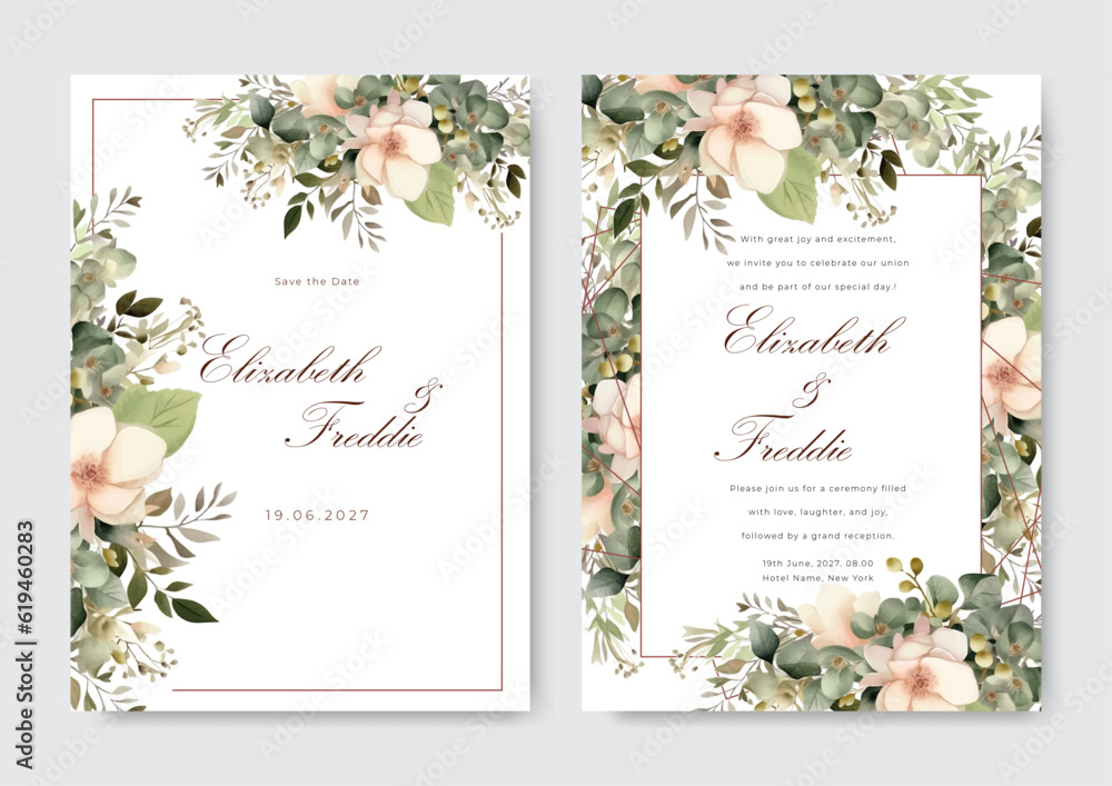 Social media green watercolor floral wedding invitation card template set. Garden theme wedding invitation.