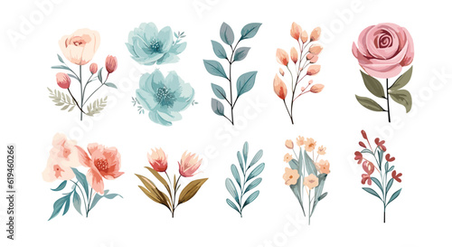 Watercolor style colorful floral bouquet collection