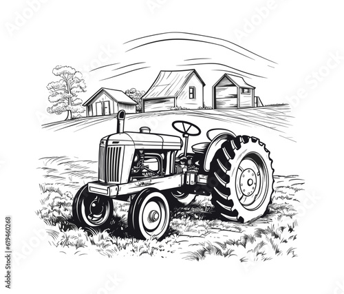 Farm tractor retro sketch. Agricultural machinery vector illustration