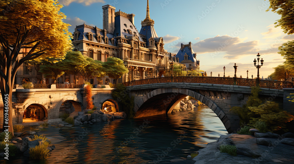 A romantic view of a bridge in Paris, ai generative