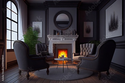 Living Room Interior With Fireplace 002 Generative AI