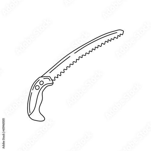 Purning Saw in hand drawn doodle style isolated on white background.Vector outline stock illustration. Sign tool gardening element. Tree pruning Coloring book