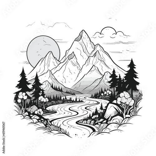 Beautiful sketch of mountain river and trees.