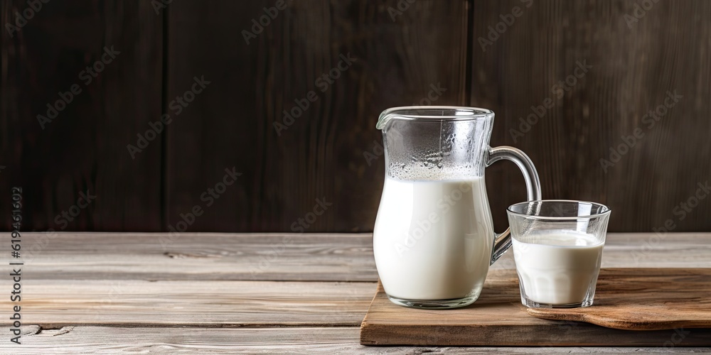 Fresh and organic milk in glass on rustic wooden table on dark background for your product showcase with copy space Fresh and organic milk in glass on rustic wooden table on dark background for your product showcase with copy space