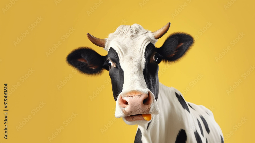 Cow Looking at the Camera. Solid color background with empty space for text. Web Banner template. Generative AI