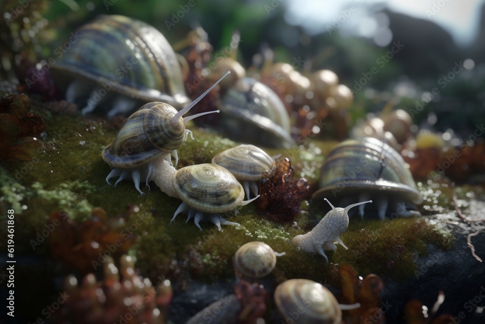 A detailed illustration of a group of invertebrates, such as snails or clams, in their natural environment, Generative AI