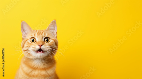 Cat Looking at the Camera. Solid color background with empty space for text. Web Banner template. Generative AI