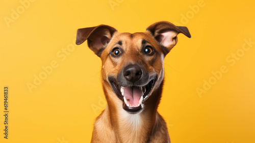 Dog Looking at the Camera. Solid color background with empty space for text. Web Banner template. Generative AI