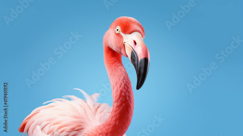 Flamingo Looking at the Camera. Solid color background with empty space for text. Web Banner template. Generative AI © s1llu