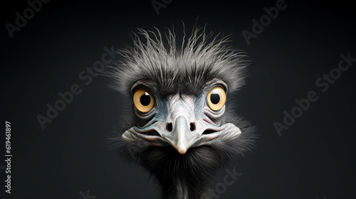 emu Looking at the Camera. Solid color background with empty space for text. Web Banner template. Generative AI