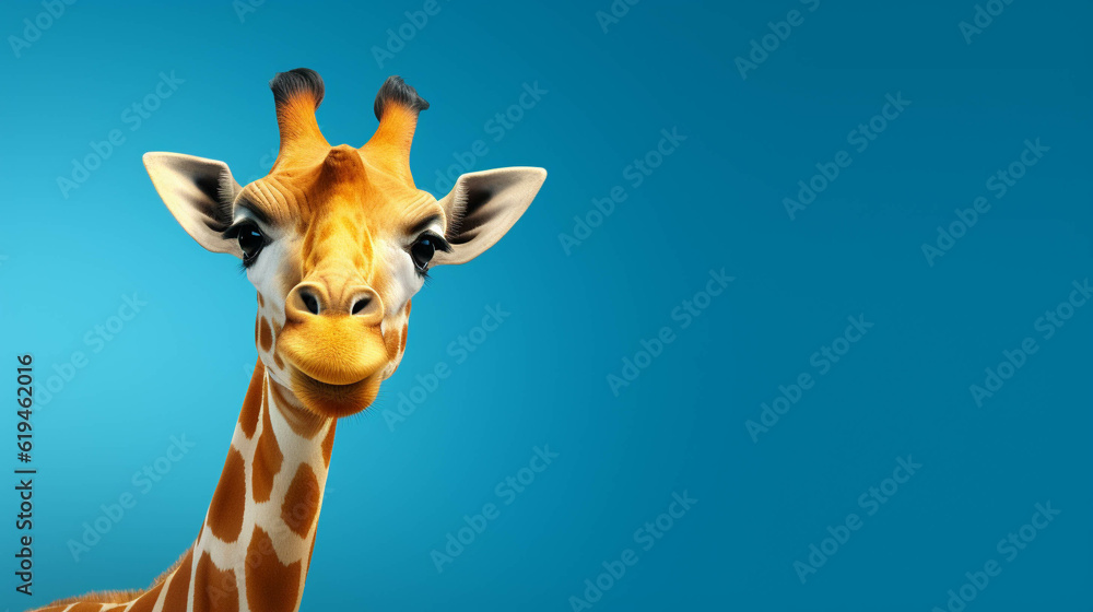 Giraffe Looking at the Camera. Solid color background with empty space for text. Web Banner template. Generative AI