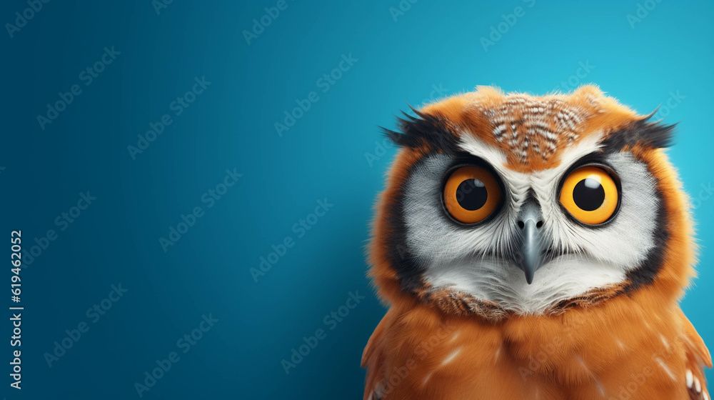 Owl Looking at the Camera. Solid color background with empty space for text. Web Banner template. Generative AI Owl Looking at the Camera. Solid color background with empty space for text. Web Banner template. Generative AI